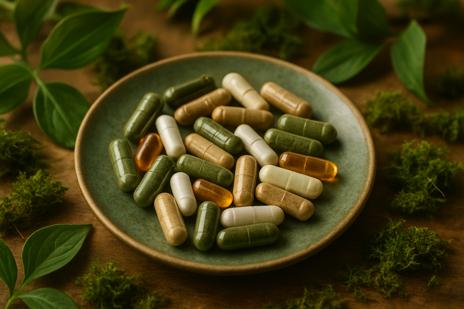 green earthy theme of a plate of supplement pills